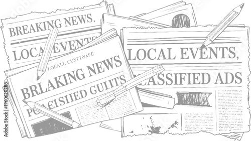 Stack of torn newspapers with headlines breaking news local events classified ads and pencils