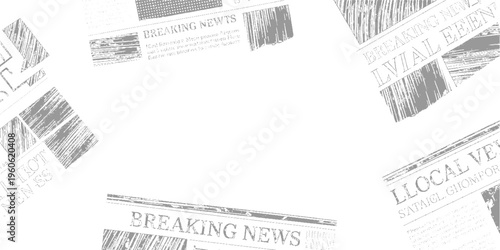 Scattered grey newspaper fragments with headlines and text on white background breaking