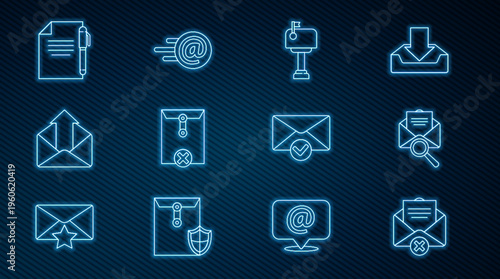 Set line Delete envelope, Envelope with magnifying glass, Mail box, Outgoing mail, Document and pen, check mark and e-mail icon. Vector