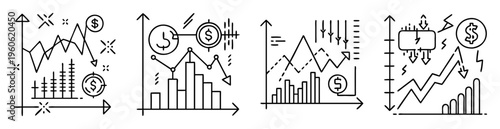 Various stock market diagrams and graphs indicating financial changes and performance indicators