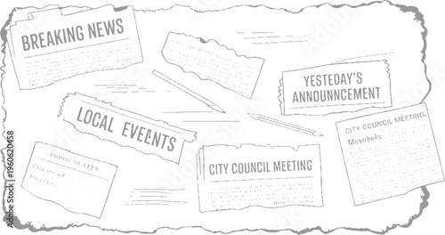 Torn grey newspapers with headlines like breaking news local events and city council meeting scattered with pencils