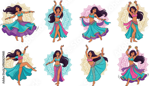 Belly Dance Performer Vector Set Featuring Colorful Costumes, Elegant Poses, and Mandala Backgrounds for Middle Eastern and Dance-Themed Designs