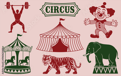 Circus themed set with tent clown strongman tiger elephant and carousel