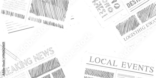 Hand drawn of newspaper headlines breaking news and local events with scribbled sections