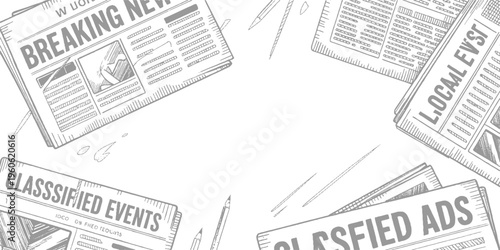 Hand drawn of newspapers with headlines breaking news classified events and classified ads scattered with pencils on white background