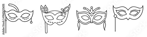 Collection of elegant masquerade masks for parties and festive celebrations depicted in outline
