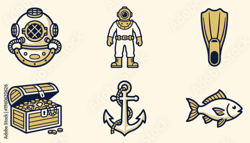 Vintage nautical exploration vector icon set with diving gear