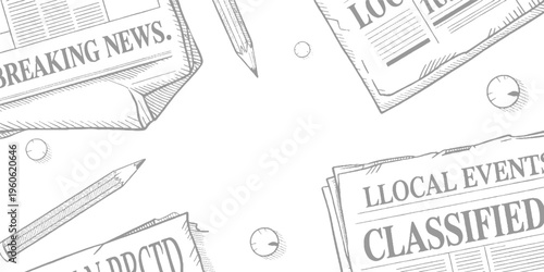 Hand drawn of newspapers with headlines breaking news local events and classifieds alongside pencils and clock on white background