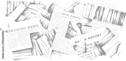 Overlapping grey newspapers with headlines like breaking news local events and weather report