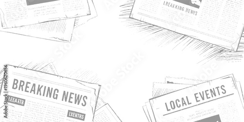 Four newspapers with headlines breaking news and local events in grey tones