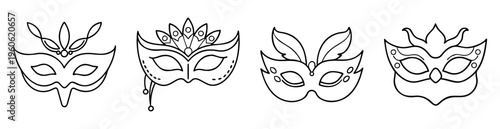 Line art illustration of various ornate masquerade masks for coloring book