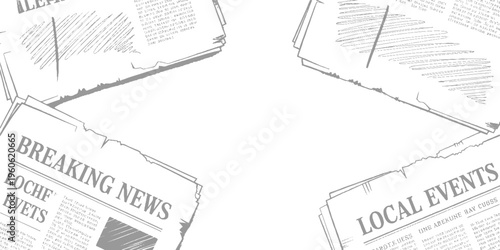 Four newspapers with headlines breaking news and local events in grey tones 1