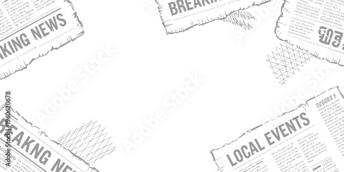 Torn grey newspaper fragments with breaking news and local events headlines on white background