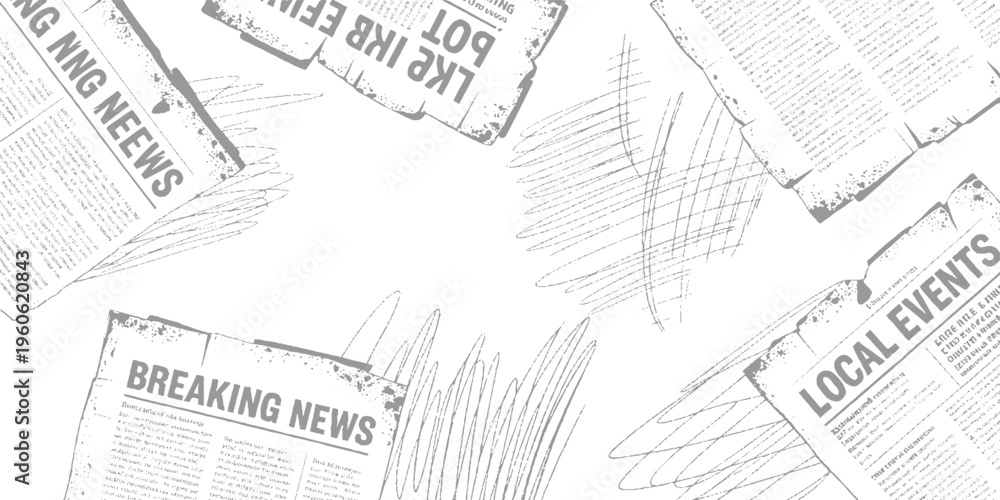 Obraz premium Scattered grey newspapers with headlines breaking news and local events and scribbled lines