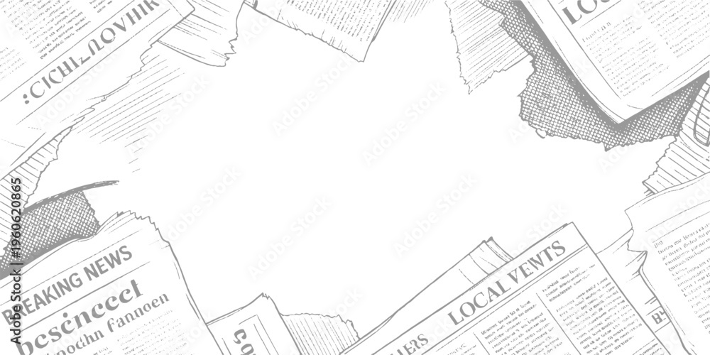 Obraz premium Torn grey newspaper pages with text and headlines arranged in a border on white background