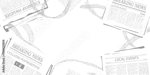 Overlapping grey newspaper pages with headlines and text in a scattered arrangement breaking local events