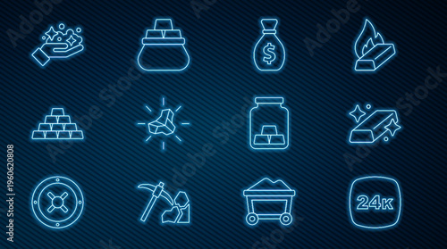 Set line Gold bars 24k, Old money bag, nugget, mine, and Bag of gold icon. Vector