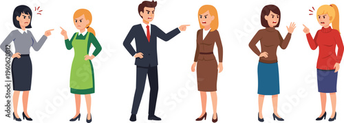 Business Conflict and Disagreement Vector Set Featuring Angry Office Workers, Pointing Fingers, and Tense Poses for Workplace and Stress Themes