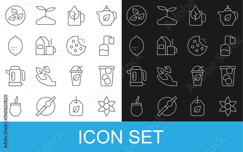 Set line Flower, Ice tea, Tea bag, Cup of with leaf, milk, Lemon, and Cookie or biscuit icon. Vector