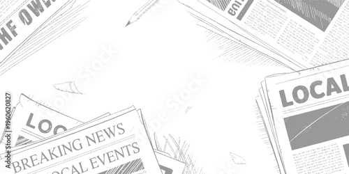 Scattered newspapers with headlines breaking news and local events in grayscale 1