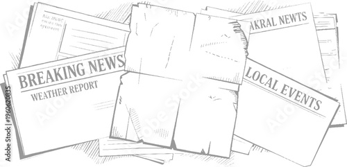 Stack of newspapers with headlines breaking news weather report and local events in style