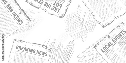 Scattered grey newspapers with headlines breaking news and local events and scribbled lines