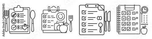 Four nutritional checklist clipboards with fruits, cutlery and a timer illustration