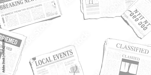 Scattered grey newspapers with headlines like breaking news local events and classified ads on a white background