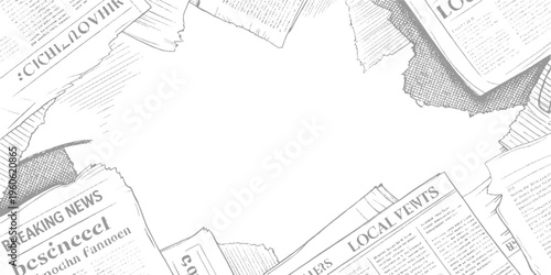 Torn grey newspaper pages with text and headlines arranged in a border on white background