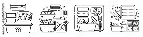 black and white icons illustrating different types of lunch containers