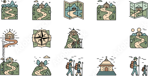 Hiking and travel adventure icons set with mountains trail map compass backpackers outdoor vector illustration collection