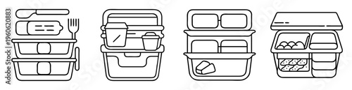 Minimalist outline illustration depicting a variety of stacked food storage containers