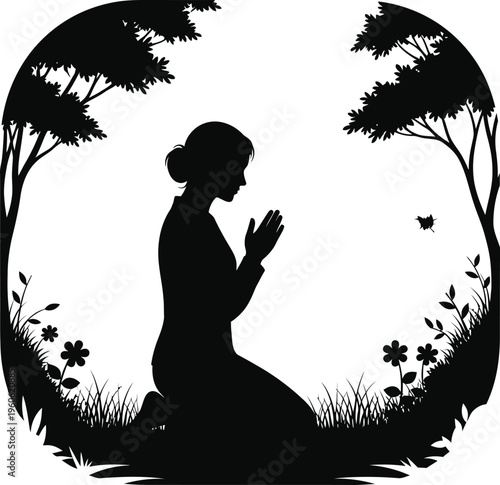 Woman praying silhouette in garden with flowers and trees vector illustration