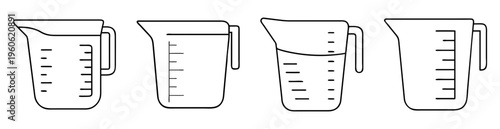 Stylized black and white drawing of four measuring cups with handles