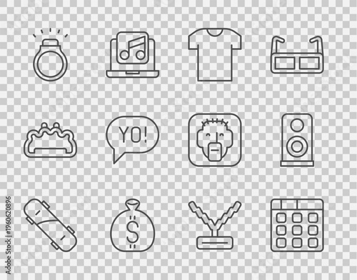 Set line Skateboard, Drum machine music, T-shirt, Money bag, Diamond ring, Yo slang lettering, Rapper chain and Stereo speaker icon. Vector