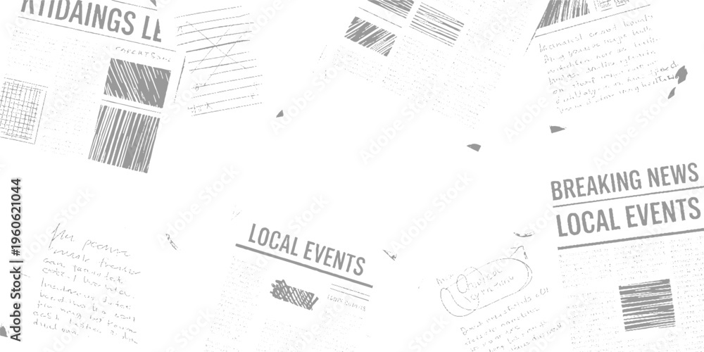 Obraz premium Scattered newspaper clippings with headlines and handwritten notes in grayscale