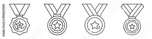 Vector outline illustration of four medals or awards with a five pointed star