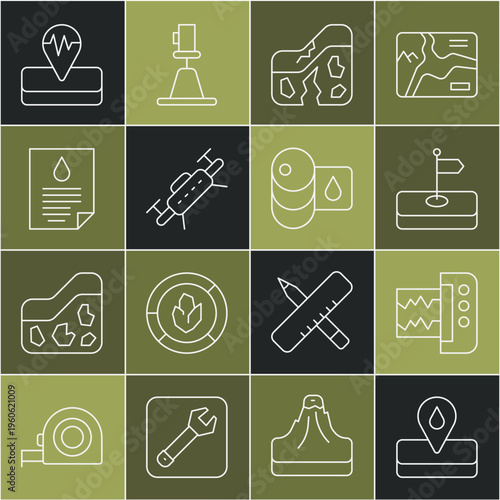 Set line Oilfield, Seismograph, Flag, Geological fault, Drone, drop document, Earthquake and Barrel oil icon. Vector