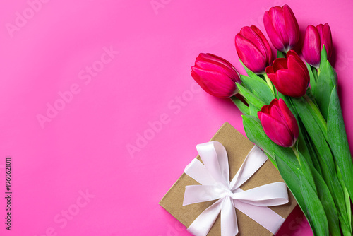 Bunch of tulips and gift box, Mother's Day concept