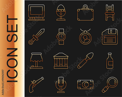 Set line Magnifying glass, Bottle of wine, Floppy disk, Suitcase, Wrist watch, Medieval sword, Retro tv and Locket on necklace icon. Vector