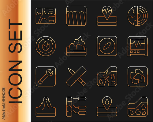 Set line Ground, Gold nugget, Seismograph, Earthquake, Ore mining, Soil analysis, Topographic map and Compass icon. Vector