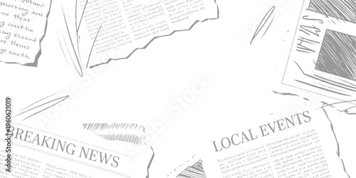Torn newspaper pages with headlines breaking news and local events in gray and white
