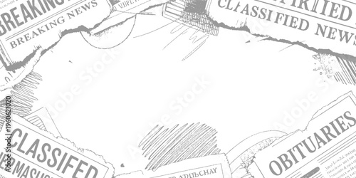 Torn grey newspaper fragments with headlines breaking news classified and obituaries
