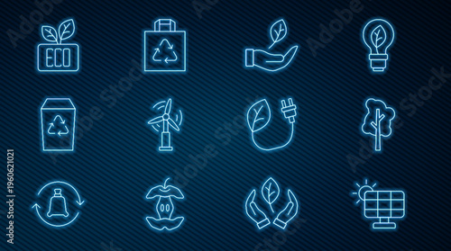 Set line Solar energy panel, Tree, Leaf in hand, Wind turbine, Recycle, Eco symbol, Electric saving plug leaf and Shopping bag with recycle icon. Vector