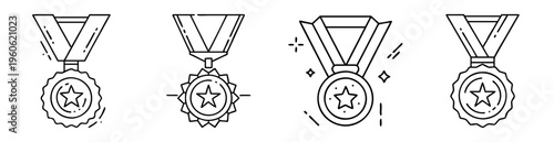 Line art illustration of four star award medals hanging on ribbons