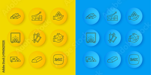 Set line Gold bars with certificate, Safe gold, 24k, nugget, in hand and Growth arrow icon. Vector