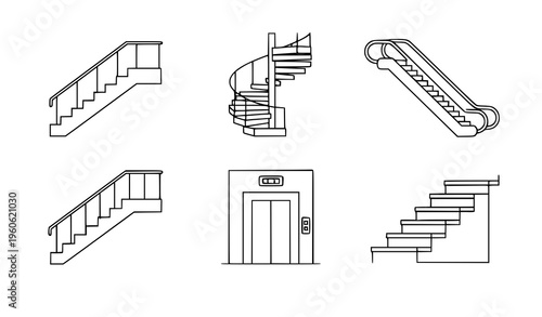 Staircase and elevator outline icons building access vector set