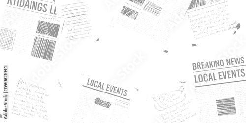 Scattered newspaper clippings with headlines and handwritten notes in grayscale
