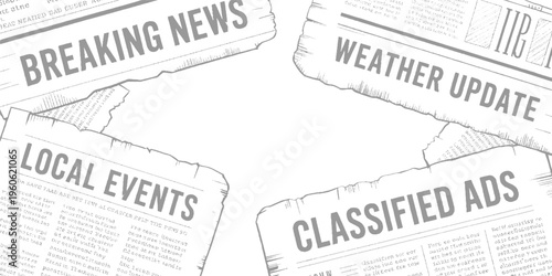 Newspaper sections with breaking news weather updates local events and classified ads