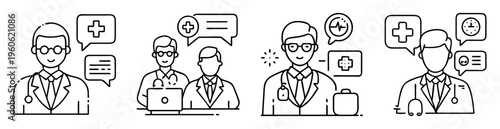 Illustrations of medical professionals with healthcare symbols in a minimalist line drawing